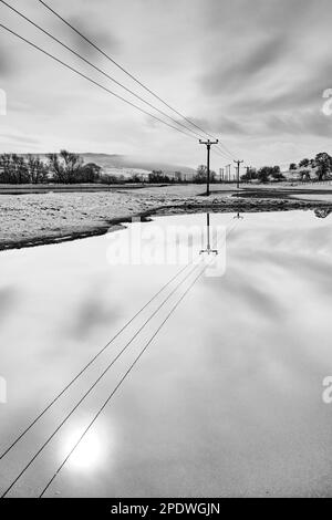 Felder, die zum Weiden von Schafen verwendet werden, die vom Fluss Aire überflutet und mit Schnee bedeckt sind, sodass klare Reflexionen im Hochwasser entstehen Stockfoto