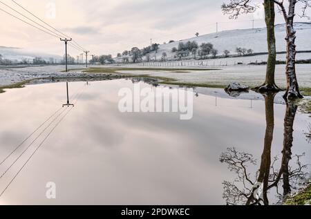 Felder, die zum Weiden von Schafen verwendet werden, die vom Fluss Aire überflutet und mit Schnee bedeckt sind, sodass klare Reflexionen im Hochwasser entstehen Stockfoto