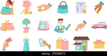 Flache Symbole für Budgets der Familie Financial Planning, die mit verschiedenen Ausgabenelementen eingerichtet sind, isolierte Vektordarstellungen Stock Vektor