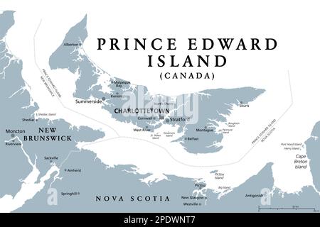 Prince Edward Island, Maritime und atlantische Provinz Kanadas, graue politische Karte. Bekannt als die Insel, im Golf von St. Lawrence. Stockfoto