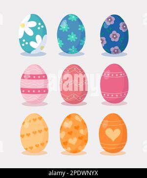 Set aus Ostereiern in verschiedenen Farben und Strukturen. Frohe osterferien. Ostereier-Vektorbild mit Blumen, Herzen und Streifen. Stock Vektor