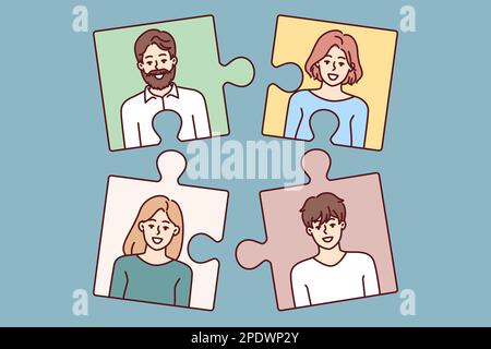 Puzzle Mitarbeiter für Teambildung und Personalauswahl durch Mitarbeiter, die eine Agentur oder HR-Abteilung rekrutieren. Rekrutieren einer Puzzle-Metapher zur Suche nach Personen mit Fähigkeiten, die eine freie Stelle im Unternehmen oder in einem Startup-Unternehmen haben Stock Vektor