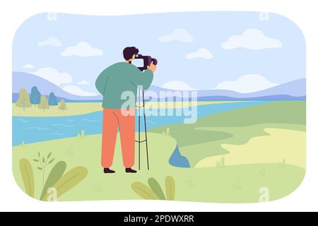 Ein Cartoon-Fotograf fotografiert die Küstenlandschaft Stock Vektor