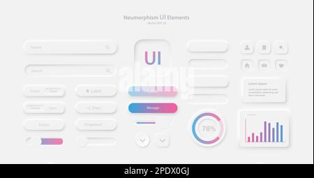 Eine Gruppe von Benutzeroberflächenelementen für eine mobile Anwendung. Eine Sammlung von Symbolen für die Entwicklung von Benutzeroberflächen in Weiß. Stock Vektor
