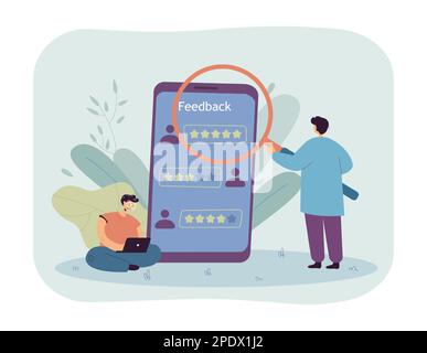 Geschäftsmann mit Lupe, der Rezensionen auf einem riesigen Handy analysiert Stock Vektor