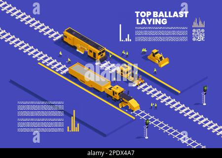 Gleisverlegung Baufahrzeuge Eisenbahnausrüstungen Maschinen isometrische Infografiken mit editierbarem Text und Balkendiagrammen Vektordarstellung Stock Vektor