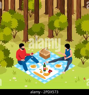 Isometrisches Barbecue-Konzept mit jungen Paaren, die ein Picknick in der Waldvektordarstellung machen Stock Vektor