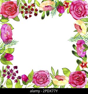 Aquarelle Blumenrahmen aus rosa Rosen, Mohn, grünen Blättern und Knospen Stockfoto