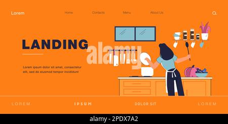 Eine Frau, die in der Küche neben dem Herd steht und einen Löffel hält Stock Vektor