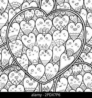 Doodle Hearts Schwarzweiß-Nahtloses Muster für ein Malbuch mit niedlichen Figuren Stock Vektor
