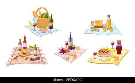Essen für ein Sommerpicknick auf einem Zeichentrickset mit Tischdecken Stock Vektor