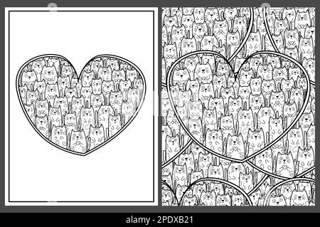 Pudelkatzen in handgezeichneten herzförmigen Farbseiten. Schwarz-weißes Kawaii-Muster für Malbuch Stock Vektor