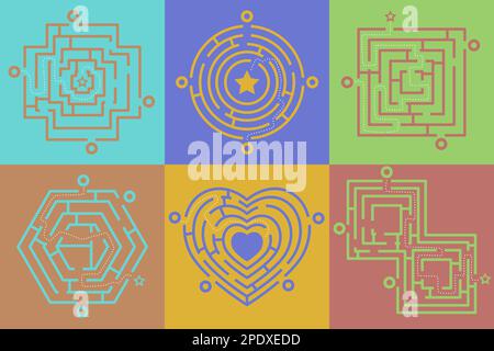 Farbenfrohes Labyrinth verschiedener Formen Zeichentrickset Stock Vektor