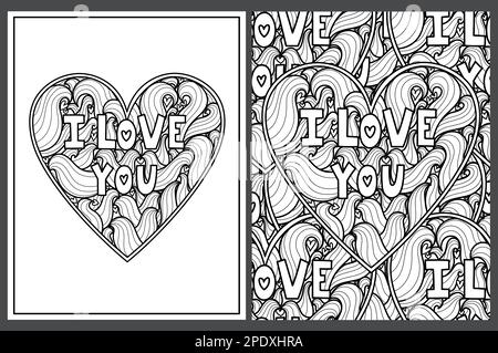 I Love You Doodle Heart Maling-Seiten im US Letter-Format. Schwarz-Weiß-Muster zum Valentinstag Stock Vektor
