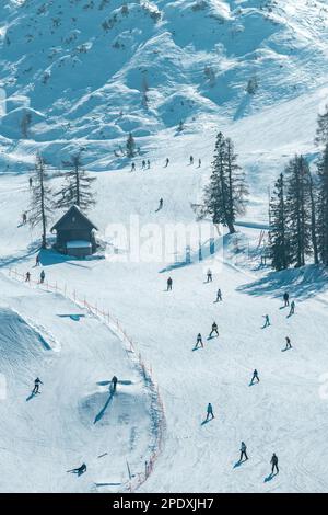 Eine große Gruppe von Skifahrern genießt einen sonnigen Wintertag auf der Skipiste, unbekannte Leute beim Skifahren Stockfoto