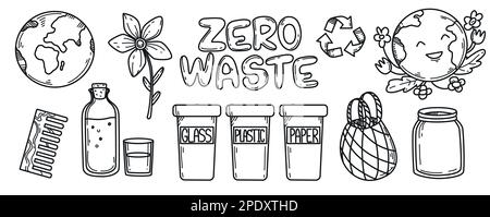 Vector-Doodle-Set mit Null Abfallgütern. Handgezeichneter Planet Erde und Öko-Objekte. Elemente des umweltfreundlichen Recycling-Lebensmittelbeutels, der Glasflasche und des Glasbechers, des Holzkammes und des Recycling-Schilds. Umweltschutz. Stock Vektor
