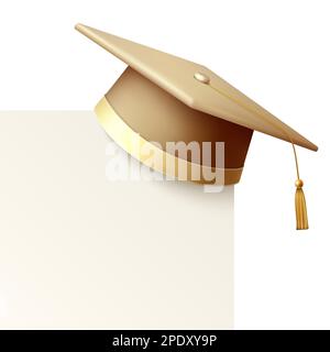 Vector 3D Realistic Golden Graduate College, High School, University Black Cap Symbol Großaufnahme mit leerer weißer Karte isoliert. Vektor-Grad-Zeremonie-Hut Stock Vektor