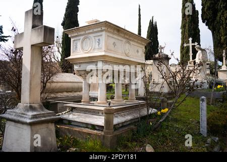 Der englische oder protestantische Friedhof in Florenz, Italien. Unter den Gräbern ist die der Dichterin Elizabeth Barrett Browning und Fanny Holman-Hunt Stockfoto
