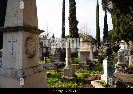 Der englische oder protestantische Friedhof in Florenz, Italien. Unter den Gräbern ist die der Dichterin Elizabeth Barrett Browning und Fanny Holman-Hunt Stockfoto