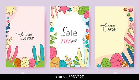 Frohe Osterbanner, Grußkarten, Poster, Weihnachtsblätter. Weihnachtsangebot. Minimalistischer zeitgenössischer Kunststil. Vektor Stock Vektor