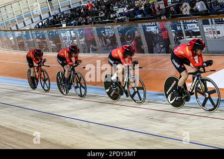 Kairo, Ägypten. 14. März 2023. Liu Jiali, Wang Susu, Wang Xiaoyue und Zhang Hongjie von Team China treten während der Verfolgungsjagd der Frauen beim UCI Track Nations Cup 2023 in Kairo, Ägypten, am 14. März 2023 an. Kredit: Ahmed Gomaa/Xinhua/Alamy Live News Stockfoto