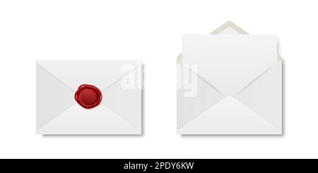Vector Realistic White geschlossener Umschlag mit roter Wachsversiegelung und geöffnetem Umschlag mit Letter im Inneren. Symbolgruppe gefalteter und abgewickelter weißer Briefumschlag isoliert Stock Vektor