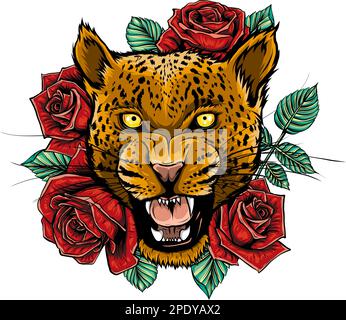 leopard head with roses vector illustration Stock Vektor