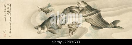 Bild von Koi Karpfen und Schildkröten, Farbmalerei auf Papier von Katsushika Hokusai Stockfoto