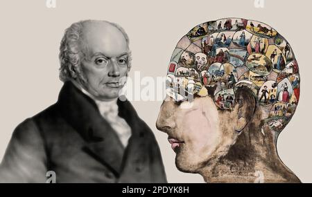Franz Joseph Gall, 1758-1828, deutscher Neuroanatomiker und Physiologe mit einem phrenologischen Diagramm, Kopf mit mentalen und moralischen Fähigkeiten Stockfoto