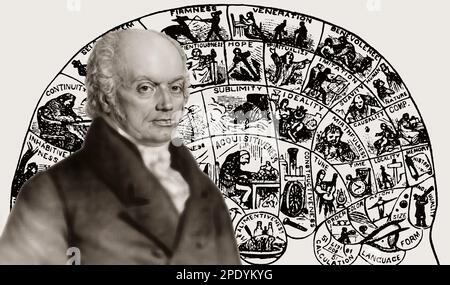 Franz Joseph Gall, 1758-1828, deutscher Neuroanatomiker und Physiologe mit einem phrenologischen Diagramm, Kopf mit mentalen und moralischen Fähigkeiten Stockfoto