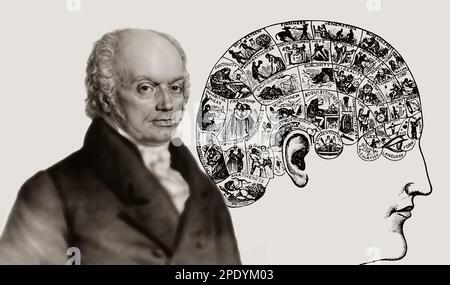 Franz Joseph Gall, 1758-1828, deutscher Neuroanatomiker und Physiologe mit einem phrenologischen Diagramm, Kopf mit mentalen und moralischen Fähigkeiten Stockfoto