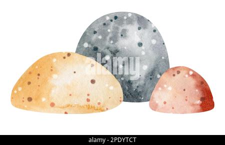 Afrikanische Natur. Gruppe von Aquarellelementen Steine. Farbenfrohes und wunderschönes Bild. Isolierte Objekte auf weißem Hintergrund. Stockfoto