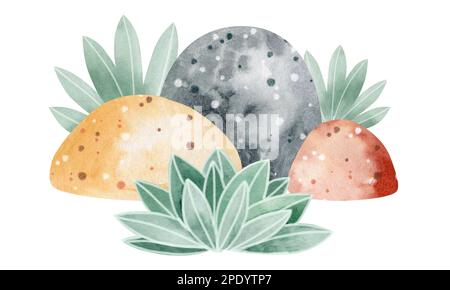 Afrikanische Natur. Gruppe von Aquarellelementen Steine. Farbenfrohes und wunderschönes Bild. Isolierte Objekte auf weißem Hintergrund. Stockfoto