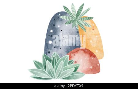Afrikanische Natur. Gruppe von Aquarellelementen Steine. Farbenfrohes und wunderschönes Bild. Isolierte Objekte auf weißem Hintergrund. Stockfoto