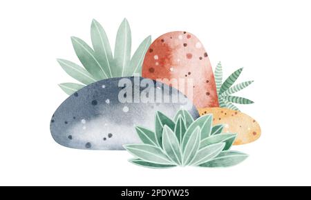 Afrikanische Natur. Gruppe von Aquarellelementen Steine. Farbenfrohes und wunderschönes Bild. Isolierte Objekte auf weißem Hintergrund. Stockfoto
