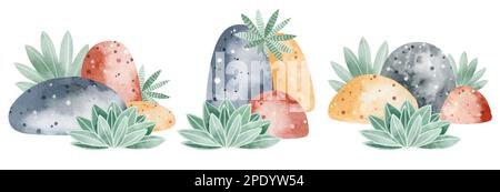 Afrikanische Natur. Eine Reihe von Aquarellelementen aus Bäumen, Steinen, Pflanzen. Farbenfrohes und wunderschönes Bild. Isolierte Objekte auf weißem Hintergrund. Stockfoto