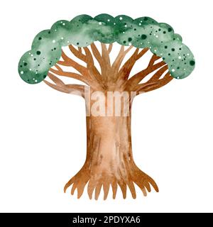 Afrikanische Natur. Eine Reihe von Aquarellelementen aus Bäumen, Steinen, Pflanzen. Farbenfrohes und wunderschönes Bild. Isolierte Objekte auf weißem Hintergrund. Stockfoto