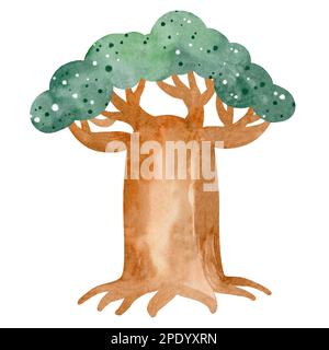 Afrikanische Natur. Eine Reihe von Aquarellelementen aus Bäumen, Steinen, Pflanzen. Farbenfrohes und wunderschönes Bild. Isolierte Objekte auf weißem Hintergrund. Stockfoto