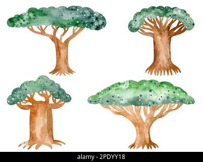 Afrikanische Natur. Eine Reihe von Aquarellelementen aus Bäumen, Steinen, Pflanzen. Farbenfrohes und wunderschönes Bild. Isolierte Objekte auf weißem Hintergrund. Stockfoto