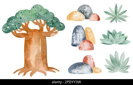 Afrikanische Natur. Eine Reihe von Aquarellelementen aus Bäumen, Steinen, Pflanzen. Farbenfrohes und wunderschönes Bild. Isolierte Objekte auf weißem Hintergrund. Stockfoto