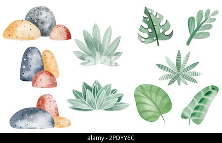 Afrikanische Natur. Eine Reihe von Aquarellelementen aus Bäumen, Steinen, Pflanzen. Farbenfrohes und wunderschönes Bild. Isolierte Objekte auf weißem Hintergrund. Stockfoto