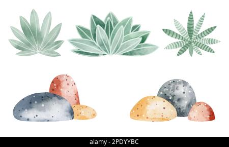Afrikanische Natur. Eine Reihe von Aquarellelementen aus Bäumen, Steinen, Pflanzen. Farbenfrohes und wunderschönes Bild. Isolierte Objekte auf weißem Hintergrund. Stockfoto