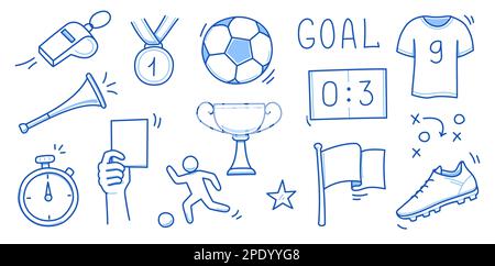 Doodle Fußball-Element-Set. Fußballtor, Pokal, Fußball handgezogene Linien, Ausrüstung im Skizzenstil. Vektordarstellung Stock Vektor