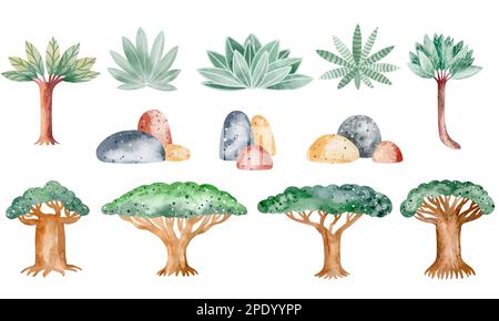 Afrikanische Natur. Eine Reihe von Aquarellelementen aus Bäumen, Steinen, Pflanzen. Farbenfrohes und wunderschönes Bild. Isolierte Objekte auf weißem Hintergrund. Stockfoto