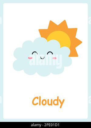 Trübe Karte. Süße Cartoon-Wolken. Kinderkarten zum Lernen mit Wetterelementen. Vektordarstellung. Stock Vektor