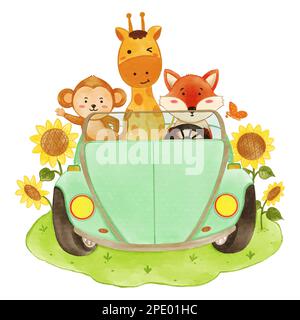 Wildtiere auf Auto und Sonnenblumen. Realistische Aquarellfarbe mit Papierstruktur. Zeichentrickfigur. Vector . Stock Vektor