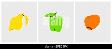 Handgezeichneter Vektor Abstraktes, einfaches, zeitgenössisches Set kreativer Dekoration, moderne minimalistische Formen und kritzelnde Früchte, Orange-, Zitronen- und Apfelmuster Stock Vektor