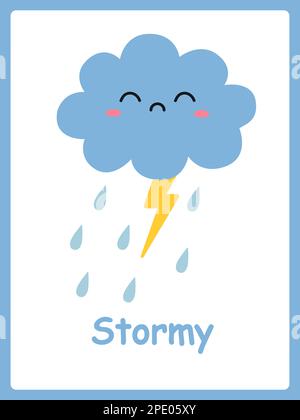 Die Karte ist stürmisch. Süße Cartoon-Wolken und Blitze. Kinderkarten zum Lernen mit Wetterelementen. Vektordarstellung Stock Vektor