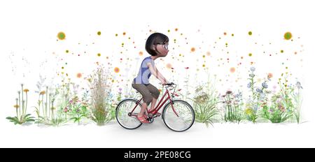 3D Darstellung der Frühjahrsallergie mit Pollen, die in der Luft schweben. Junge Frau mit Brille, die mit dem Fahrrad zwischen Pflanzen und Blumen fährt. Stockfoto