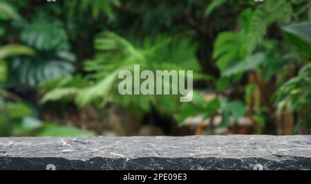Stone Podium Tisch oben auf der Außenseite verschwommen Monstera Tropenwald Pflanze Natur background.Organic gesunde natürliche Produktpositionierung Sockelaufstellung Stockfoto